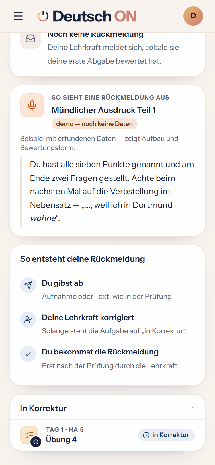 Die Seite mit den Rückmeldungen: ein abgegebener Text steht „in Korrektur“ bei der Lehrkraft. Davor ein Beispiel für eine freigegebene Rückmeldung zu einem Text.