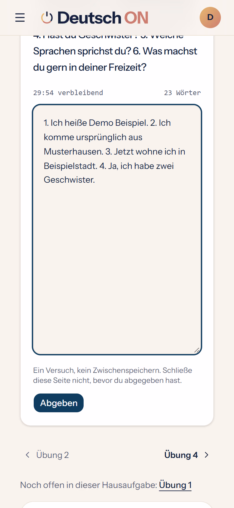 Der Schreibeditor während einer Aufgabe: über dem Text die verbleibende Zeit und die Wortzahl. Der Text ist ein Beispiel.
